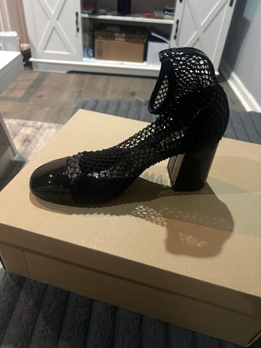 Black Mesh Ankle-Cuff Block Heel Pump